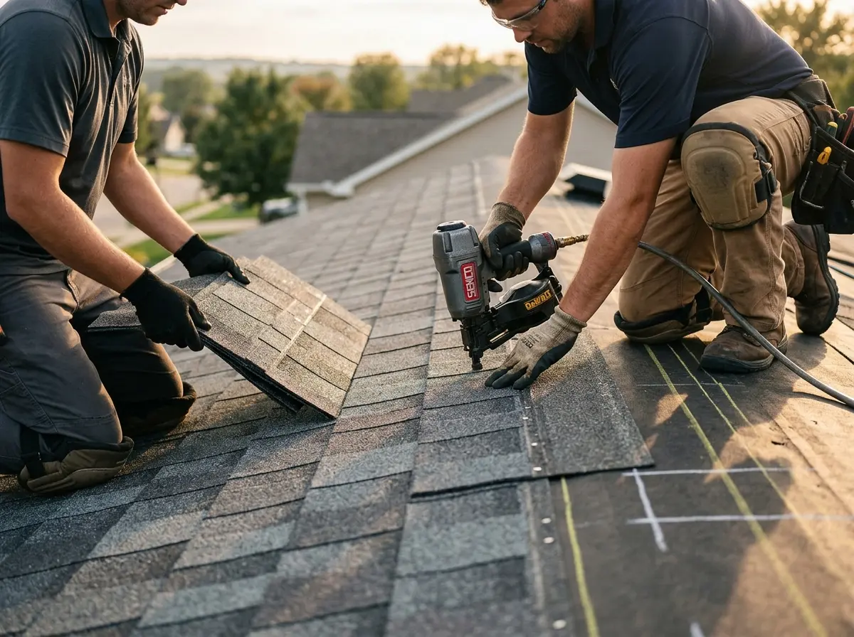 Professional roofer working on a residential roof in Ridley